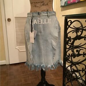 GAelle denim skirt with fringe.